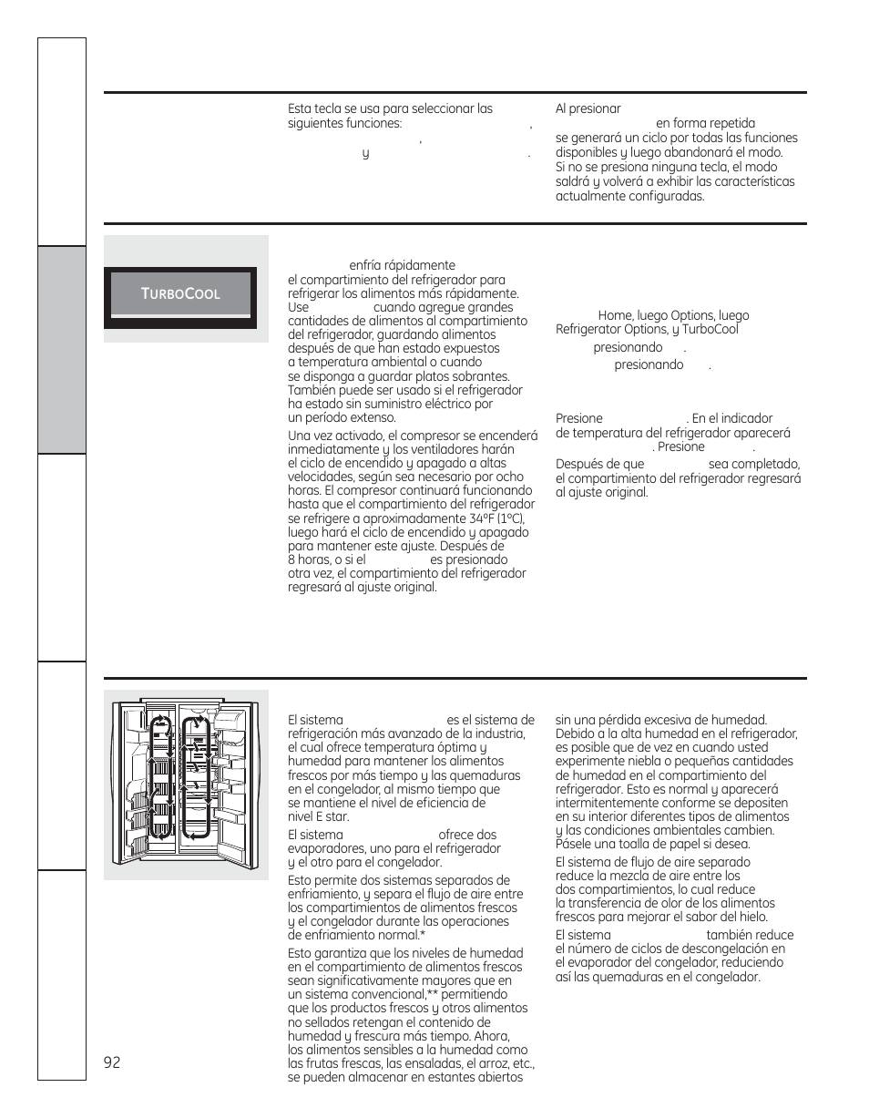 Instrucciones de operación, Climatekeeper2, Set features (funciones configuradas) | Turbocool, Acerca de turbocool, Acerca de climatekeeper2, Sobre set features (configurar las funciones), En algunos modelos) | GE 200D8074P050 User Manual | Page 92 / 132