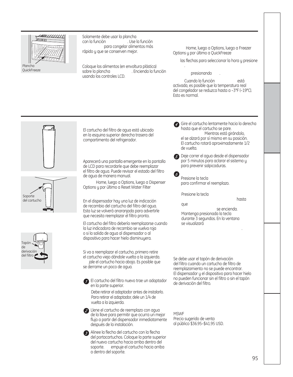 El filtro de agua, Quickfreeze, Acerca de quickfreeze | En algunos modelos) | GE 200D8074P050 User Manual | Page 95 / 132
