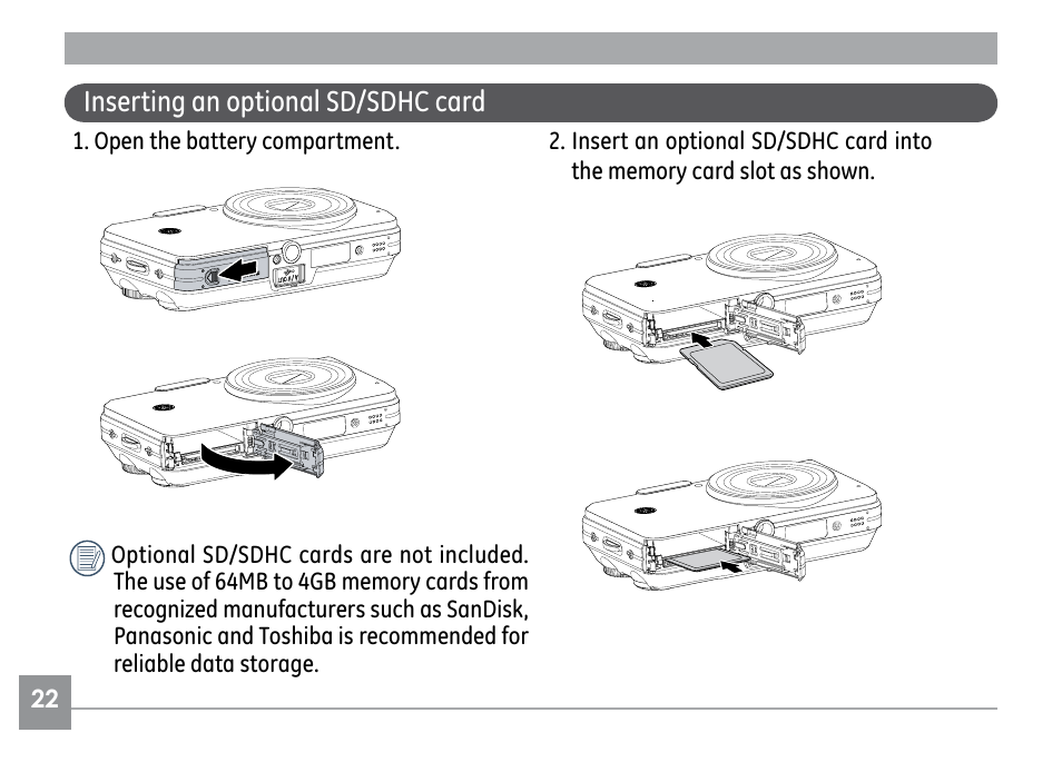 Inserting an optional sd/sdhc card | GE G SERIES E840S User Manual | Page 26 / 115