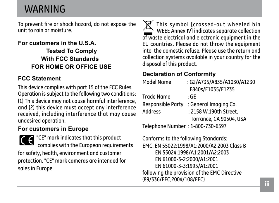 Warning | GE G SERIES E840S User Manual | Page 3 / 115