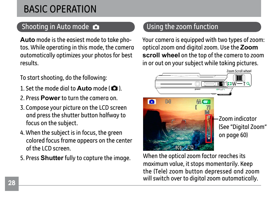 Basic operation, Shooting in auto mode, Using the zoom function | GE G SERIES E840S User Manual | Page 32 / 115