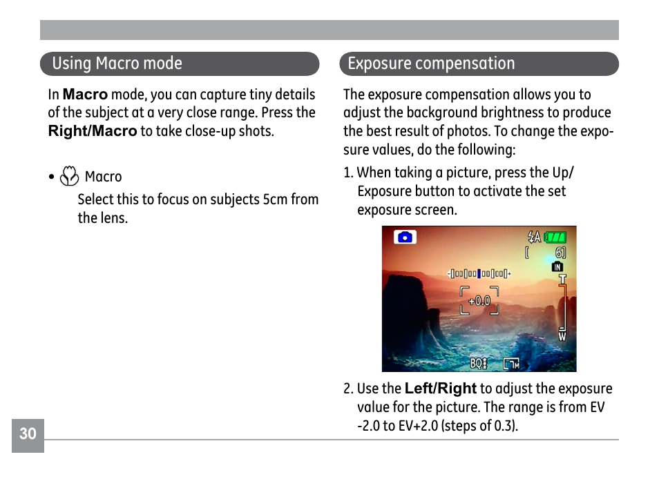 Using macro mode, Exposure compensation | GE G SERIES E840S User Manual | Page 34 / 115