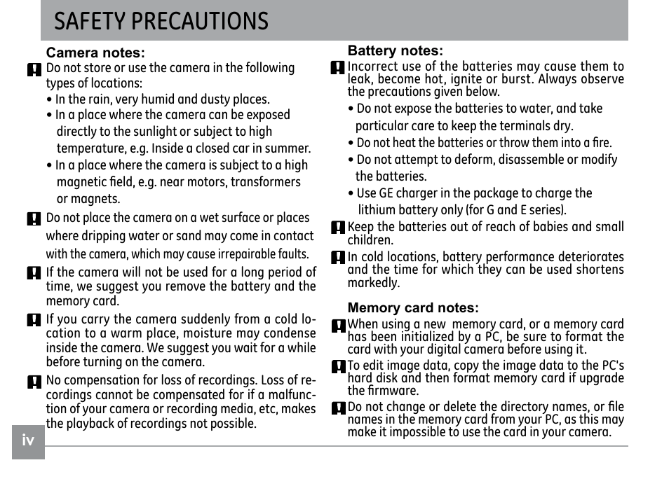 Safety precautions | GE G SERIES E840S User Manual | Page 4 / 115