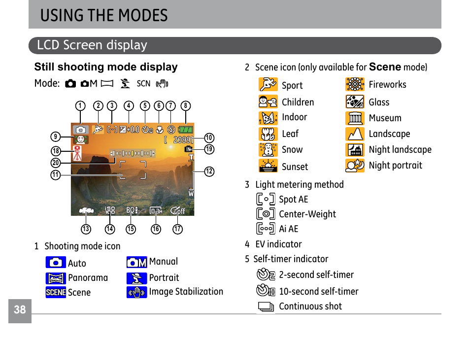 Using the modes, Lcd screen display, Still shooting mode display mode | Scene | GE G SERIES E840S User Manual | Page 42 / 115