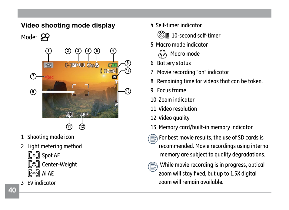 0  0  video shooting mode display mode | GE G SERIES E840S User Manual | Page 44 / 115