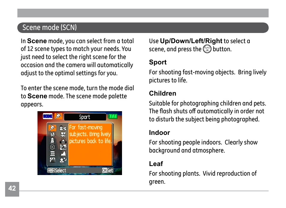 Scene mode (scn) | GE G SERIES E840S User Manual | Page 46 / 115