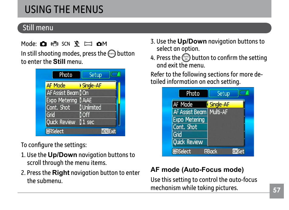 Using the menus, Still menu | GE G SERIES E840S User Manual | Page 61 / 115