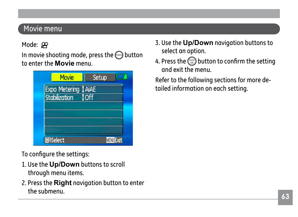 Movie menu | GE G SERIES E840S User Manual | Page 67 / 115