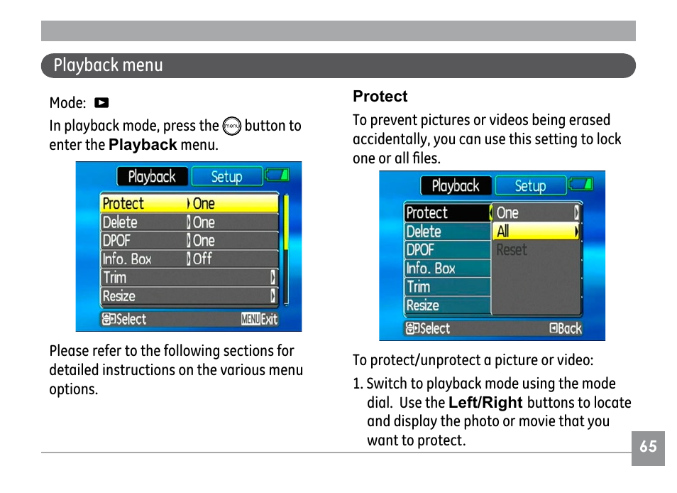 Playback menu | GE G SERIES E840S User Manual | Page 69 / 115