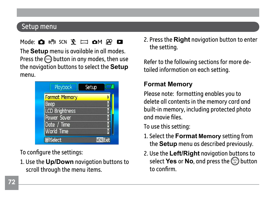 Setup menu | GE G SERIES E840S User Manual | Page 76 / 115
