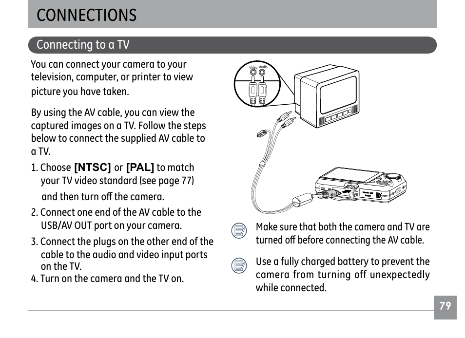 Connections, Connecting to a tv | GE G SERIES E840S User Manual | Page 83 / 115