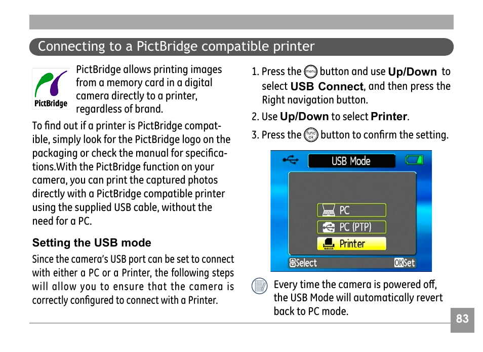 Connecting to a pictbridge compatible printer | GE G SERIES E840S User Manual | Page 87 / 115