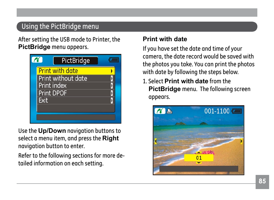 Using the pictbridge menu | GE G SERIES E840S User Manual | Page 89 / 115
