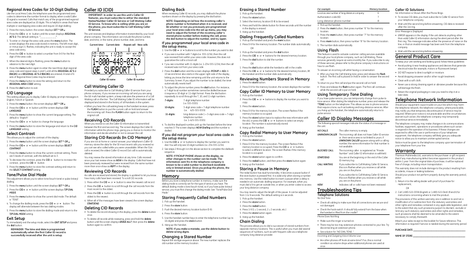 Caller id display messages, Troubleshooting tips, General product care | Telephone network information, Warranty, Caller id (cid), Dialing back, Storing frequently called numbers, Changing a stored number, Using flash | GE 29298 User Manual | Page 2 / 2