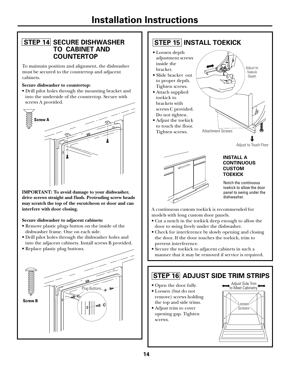 Installation instructions, Step 15 install toekick, Step 16 adjust side trim strips | GE ZBD6905 User Manual | Page 14 / 16