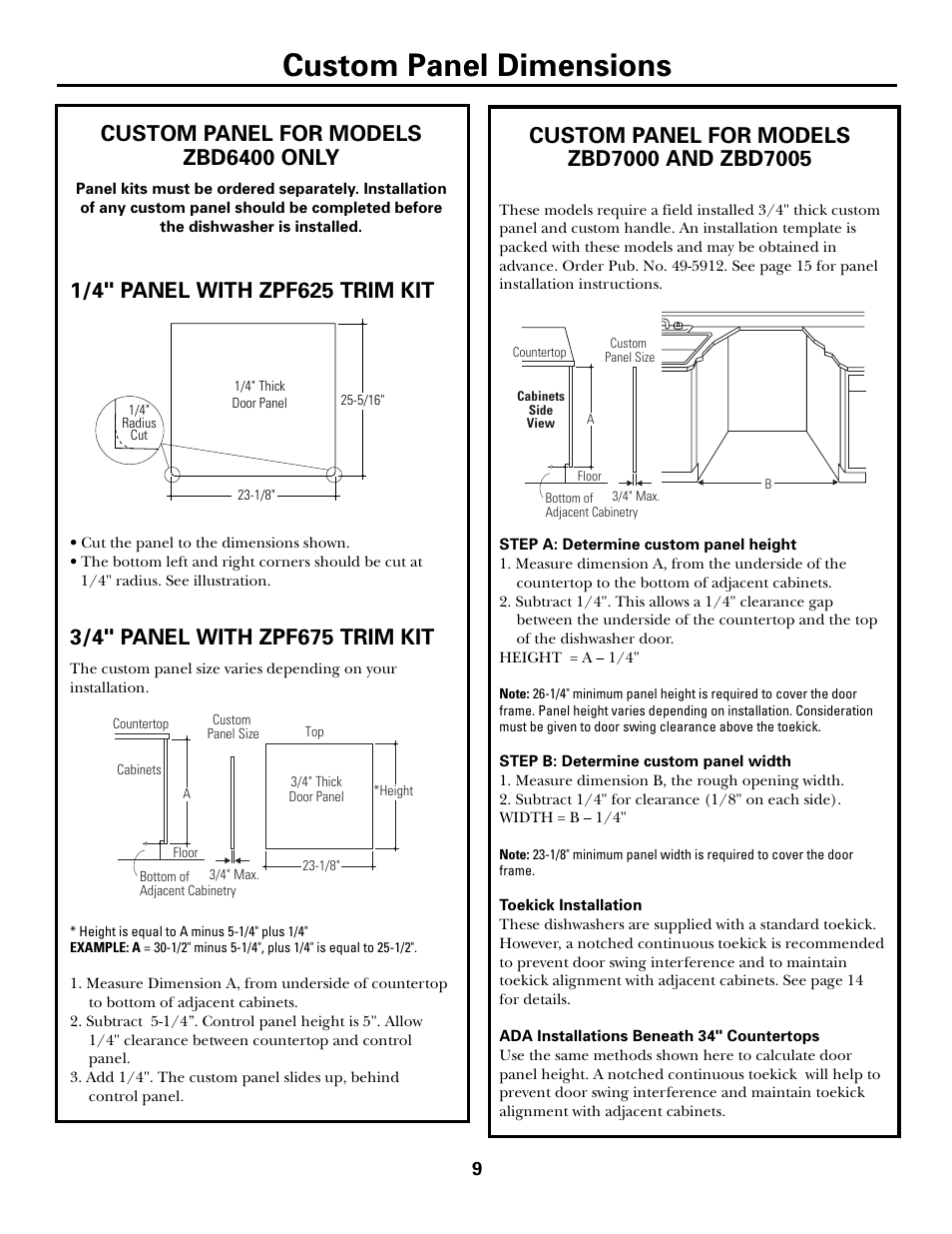 Custom panel dimensions, Custom panel for models zbd6400 only | GE ZBD6905 User Manual | Page 9 / 16