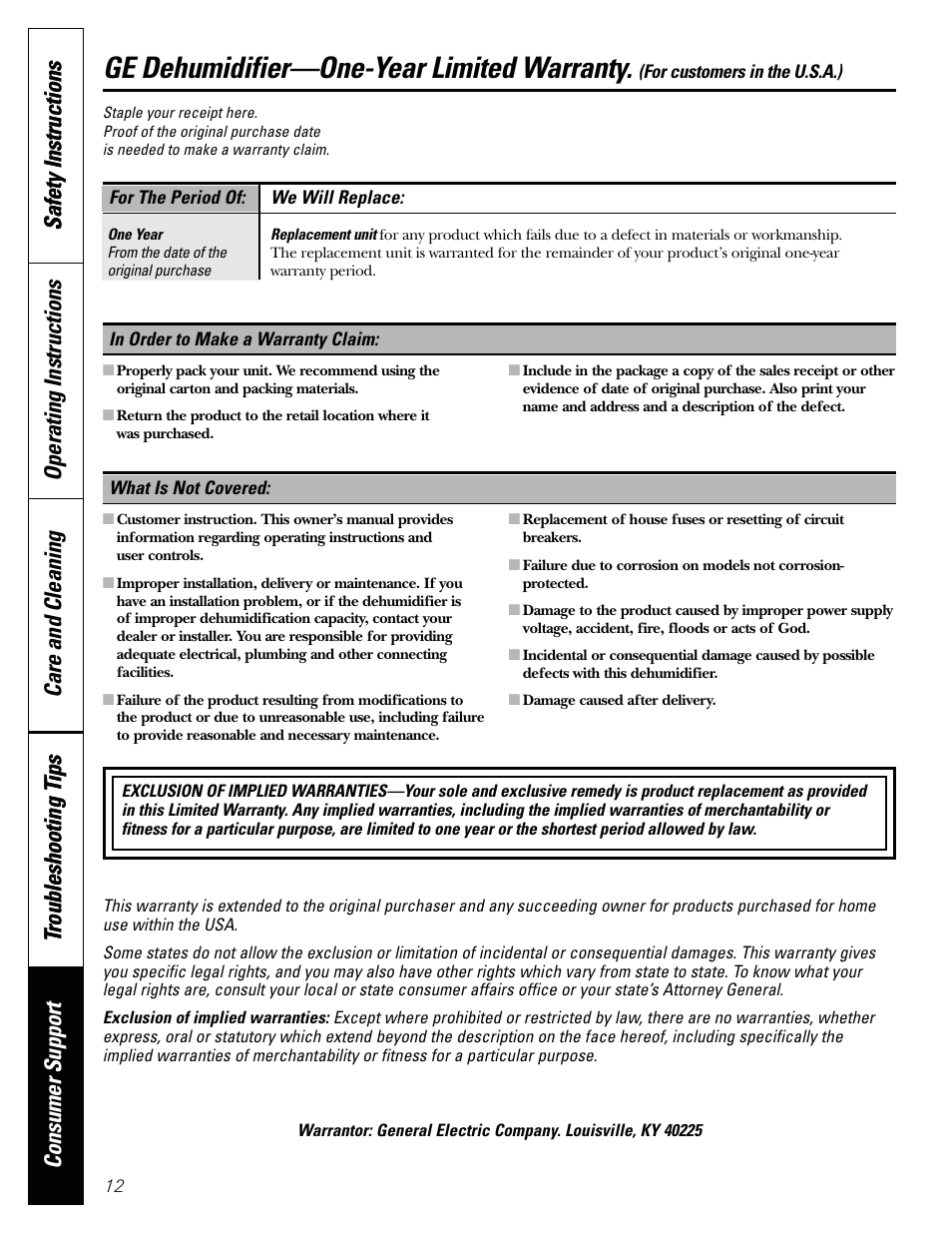 Warranty for customers in the u.s.a, Ge dehumidifier—one-year limited warranty | GE AHW30 User Manual | Page 12 / 36