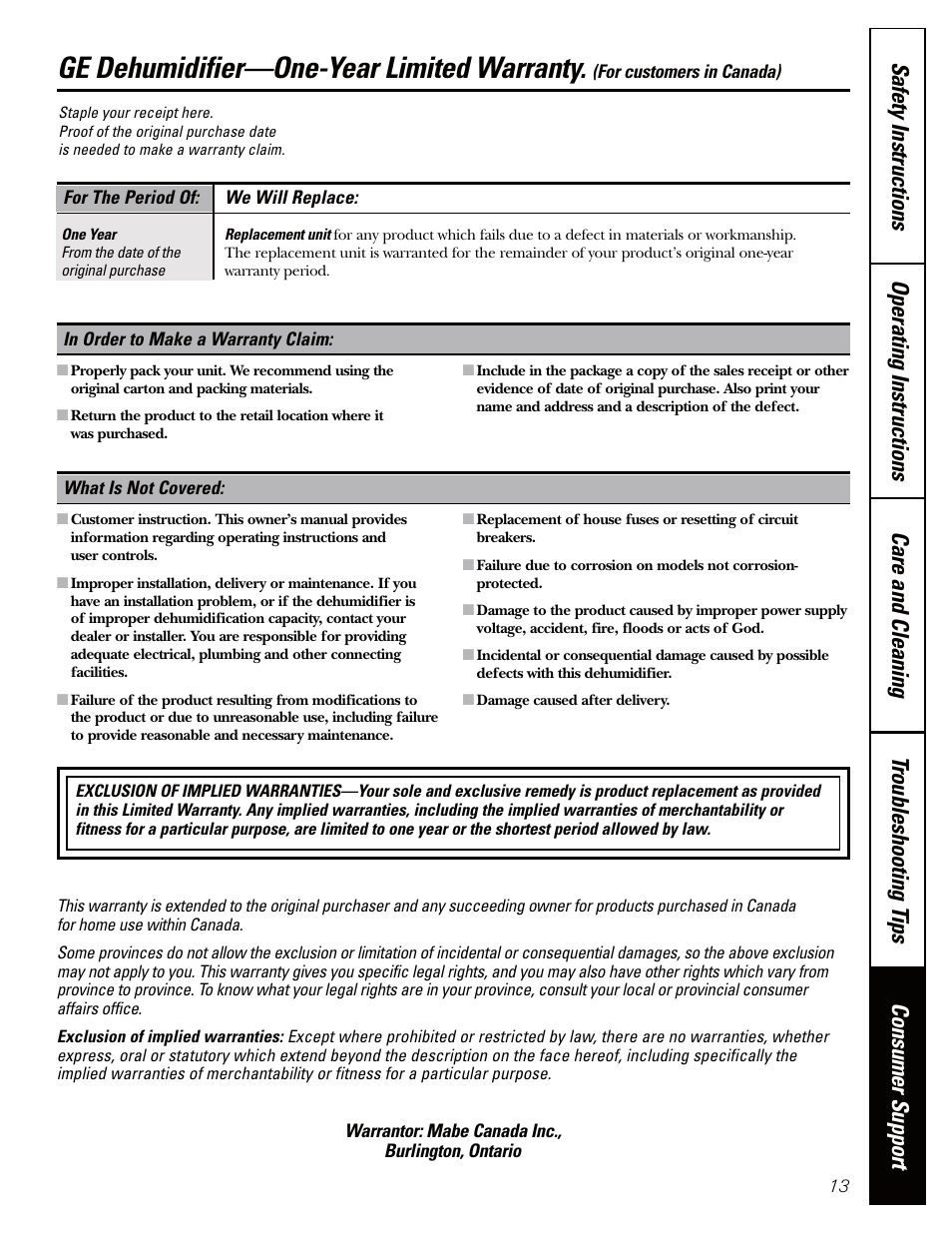 Warranty for customers in canada, Ge dehumidifier—one-year limited warranty | GE AHW30 User Manual | Page 13 / 36