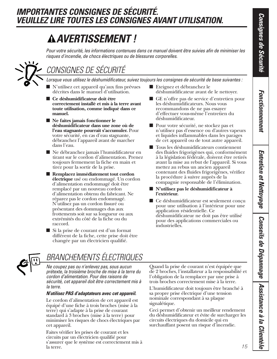 Consignes de sécurité, Avertissement, Branchements électriques | GE AHW30 User Manual | Page 15 / 36