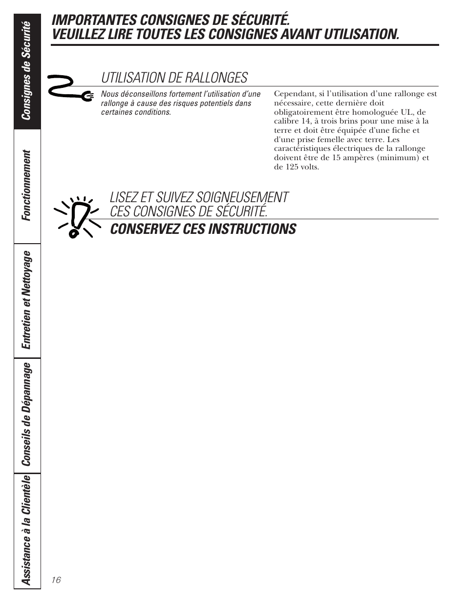 Utilisation de rallonges | GE AHW30 User Manual | Page 16 / 36