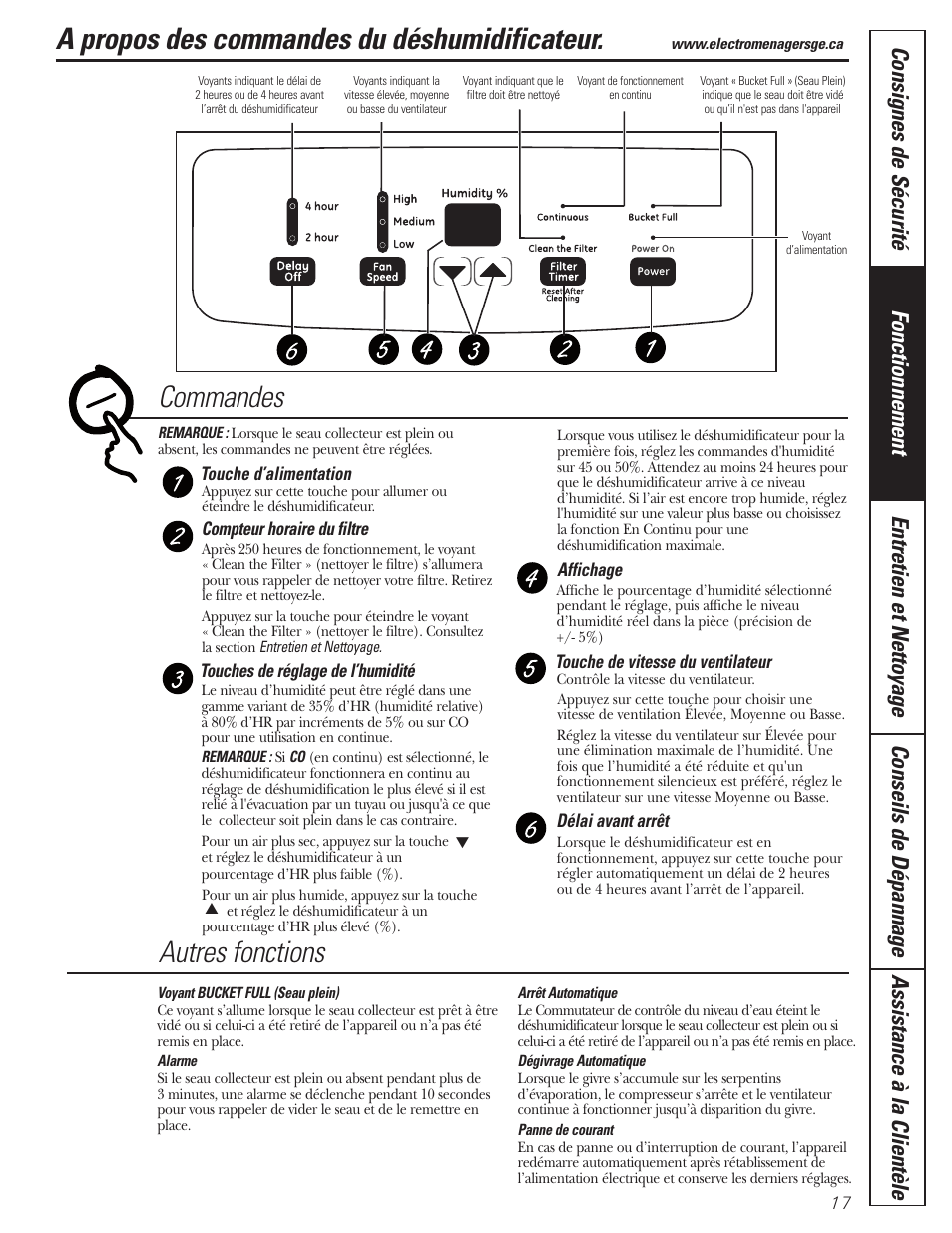 A propos des commandes du déshumidificateur, Commandes autres fonctions | GE AHW30 User Manual | Page 17 / 36