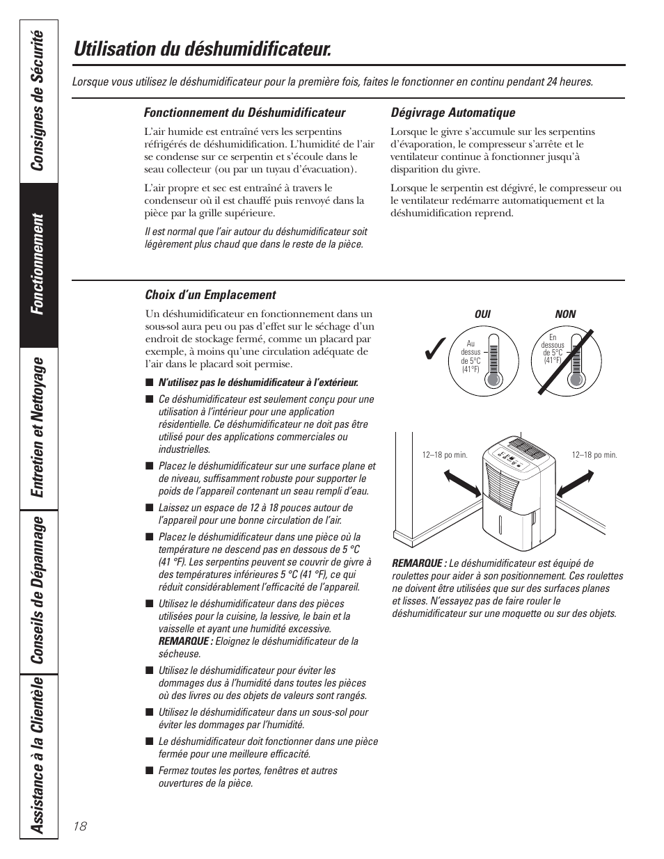 Choix d’un emplacement, Dégivrage automatique, Fonctionnement du déshumidificateur | Utilisation du déshumidificateur | GE AHW30 User Manual | Page 18 / 36