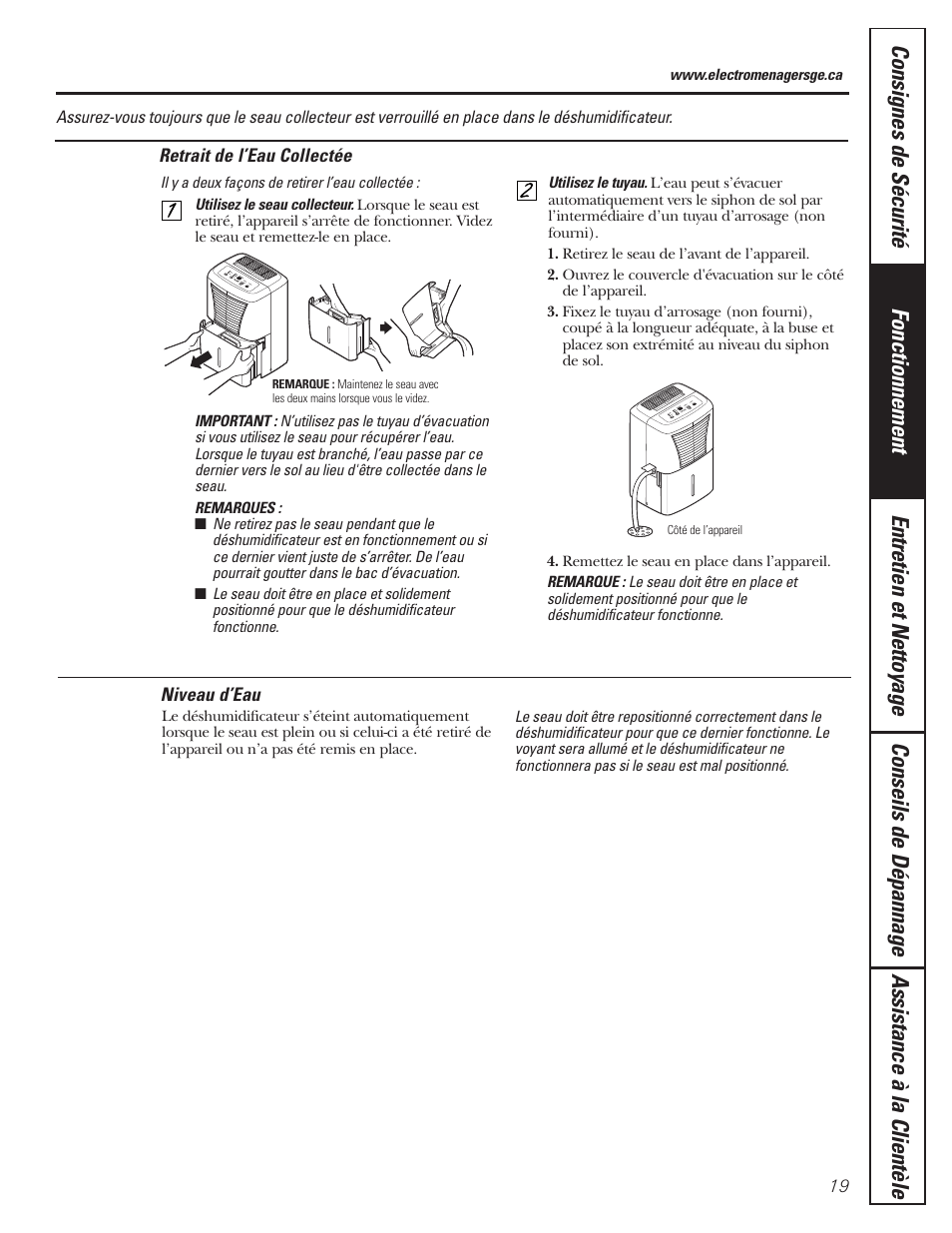 Niveau d’eau, Retrait de l’eau collectée, Niveau d’eau retrait de l’eau collectée | GE AHW30 User Manual | Page 19 / 36