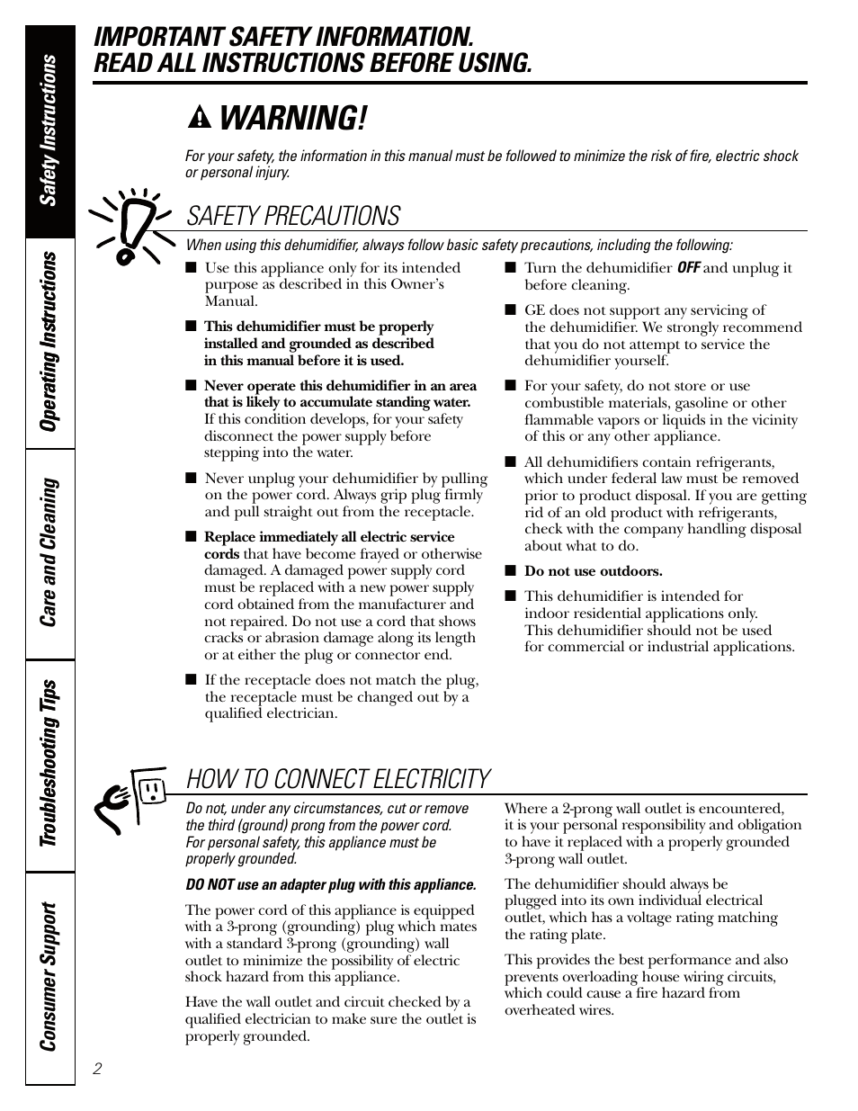Safety instructions, Warning, Safety precautions | How to connect electricity | GE AHW30 User Manual | Page 2 / 36