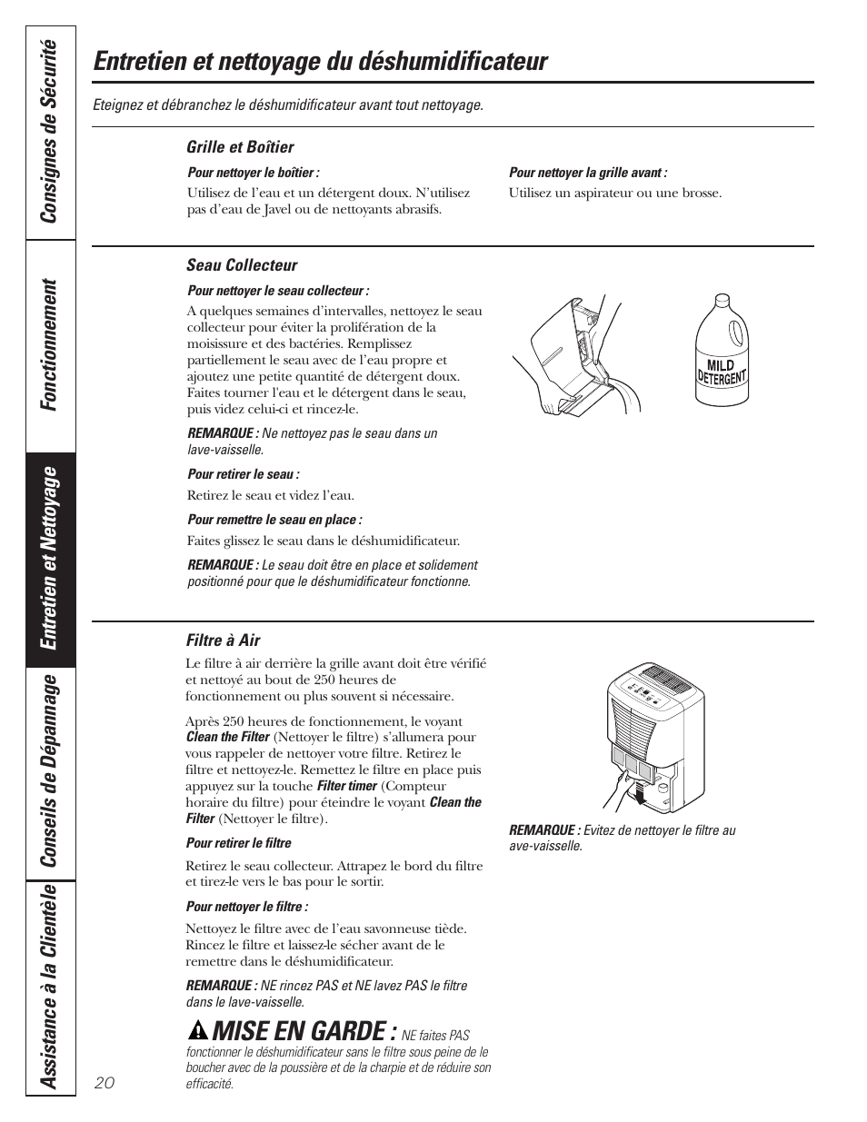 Filtre à air, Grille et boîtier, Seau collecteur | Filtre à air grille et boîtier seau collecteur, Entretien et nettoyage du déshumidificateur, Mise en garde | GE AHW30 User Manual | Page 20 / 36