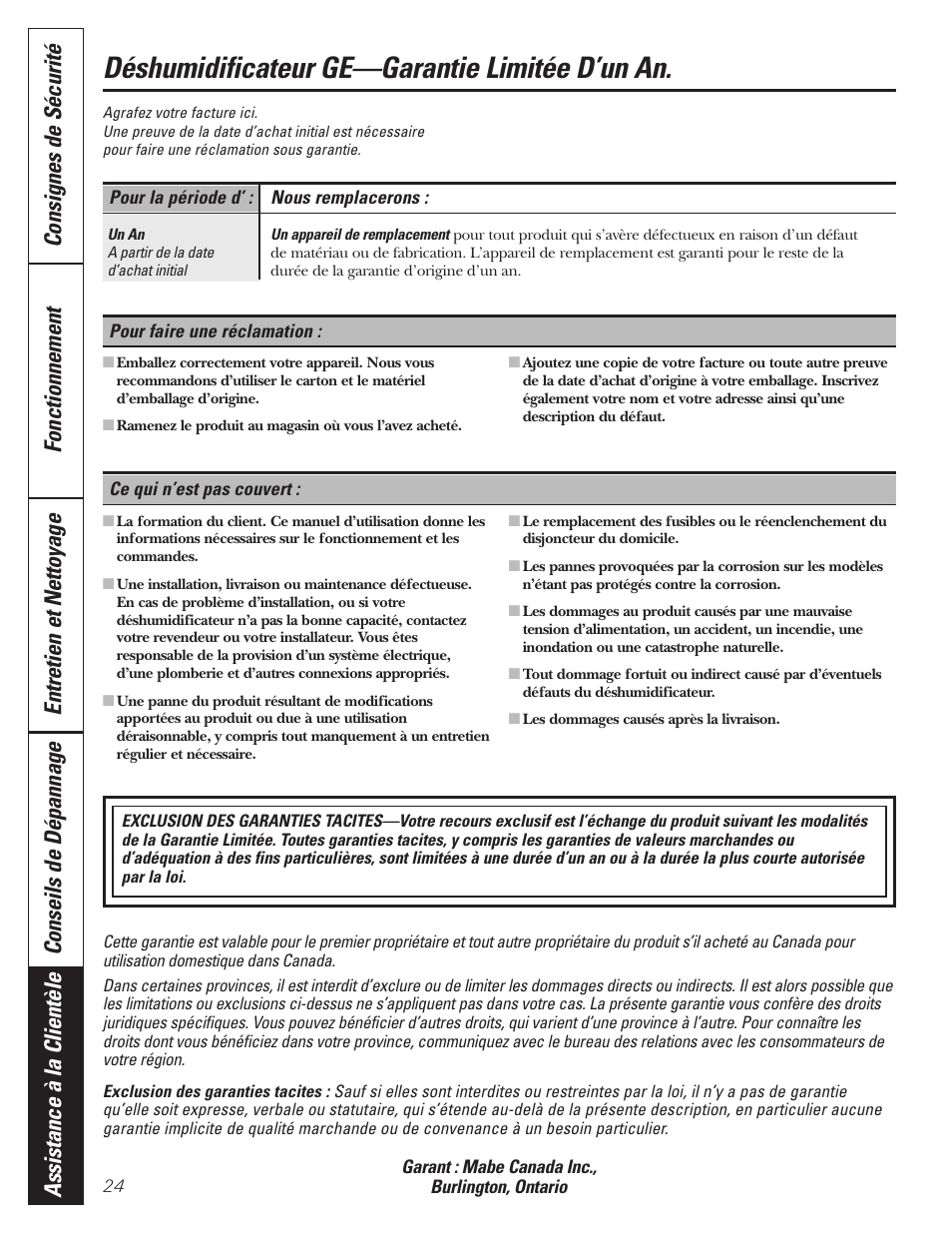 Garantie, Déshumidificateur ge—garantie limitée d’un an | GE AHW30 User Manual | Page 24 / 36