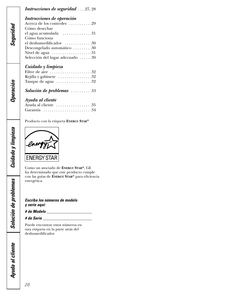 Spanish, Instrucciones de operación, Cuidado y limpieza | Ayuda al cliente, Instrucciones de seguridad, Solución de problemas | GE AHW30 User Manual | Page 26 / 36