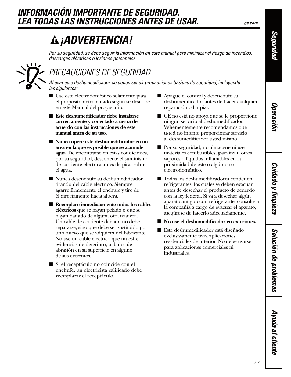 Instrucciones de seguridad, Advertencia, Precauciones de seguridad | GE AHW30 User Manual | Page 27 / 36