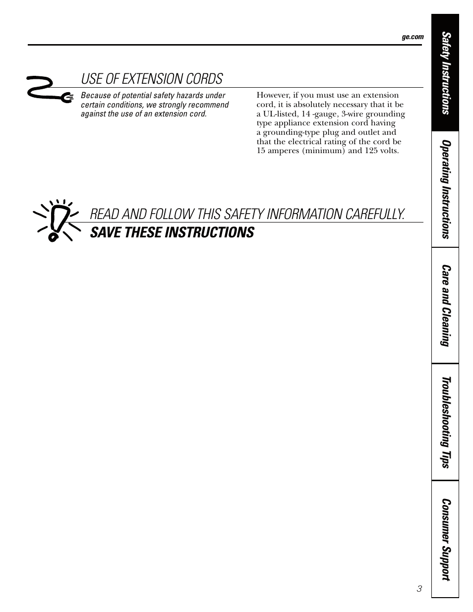 Use of extension cords | GE AHW30 User Manual | Page 3 / 36