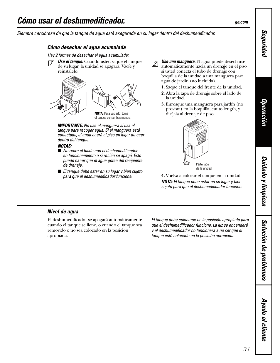 Cómo desechar el agua acumulada, Nivel de agua, Cómo usar el deshumedificador | GE AHW30 User Manual | Page 31 / 36