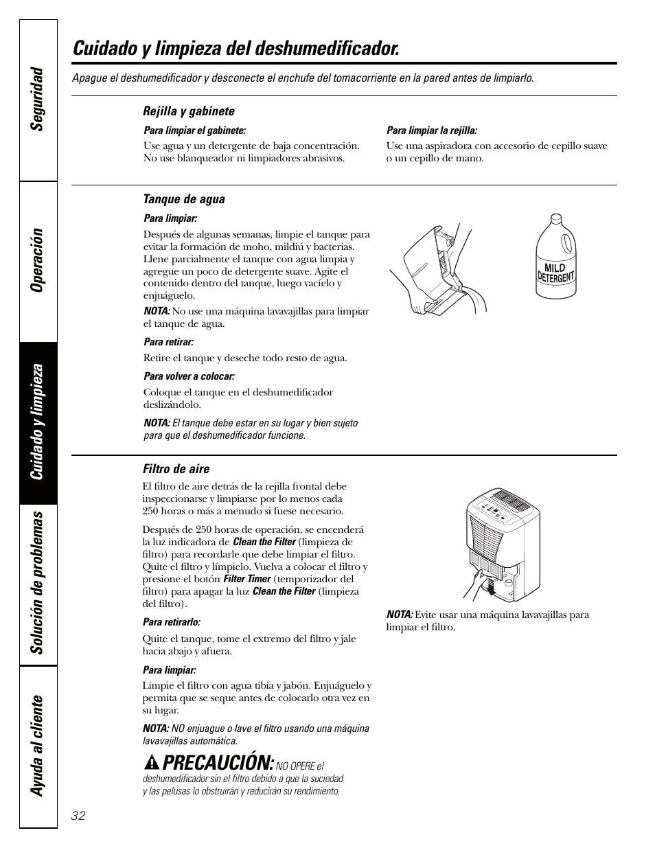 Filtre de aire, Rejilla y gabinete, Tanque de agua | Filtre de aire rejilla y gabinete tanque de agua, Cuidado y limpieza del deshumedificador, Precaución | GE AHW30 User Manual | Page 32 / 36