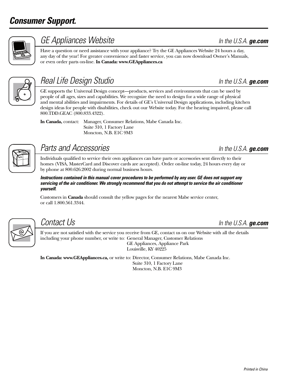 Consumer support, Consumer support . . . . . .back cover, Consumer support. ge appliances website | Real life design studio, Parts and accessories, Contact us | GE AHW30 User Manual | Page 36 / 36