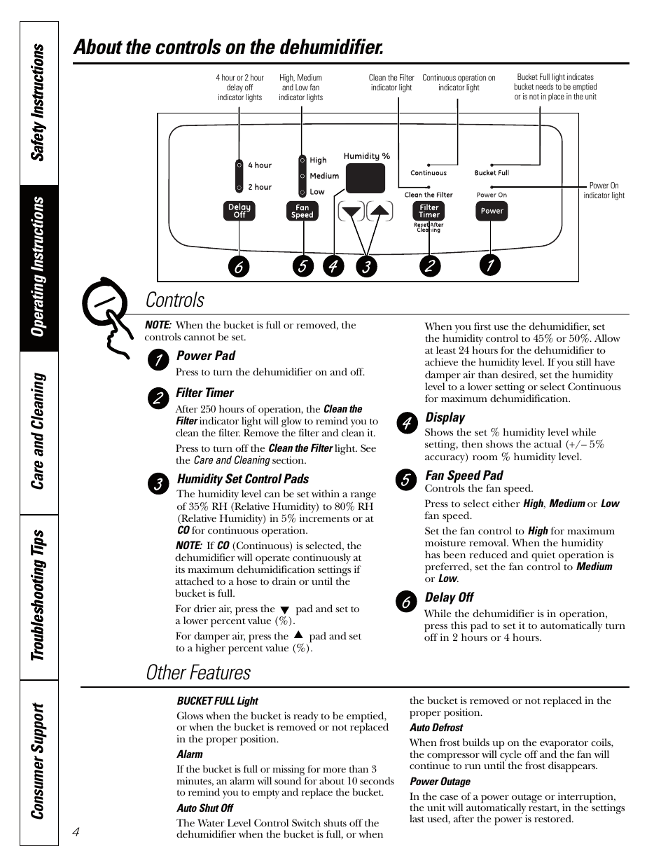 About the controls on the dehumidifier | GE AHW30 User Manual | Page 4 / 36