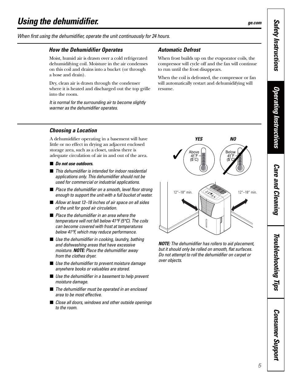 Automatic defrost, Choosing a location, How the dehumidifier operates | Using the dehumidifier | GE AHW30 User Manual | Page 5 / 36