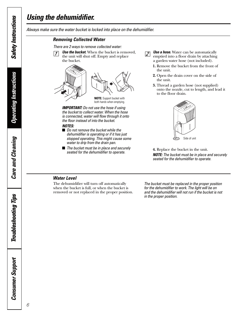 Removing collected water, Water level, Removing collected water water level | Using the dehumidifier | GE AHW30 User Manual | Page 6 / 36