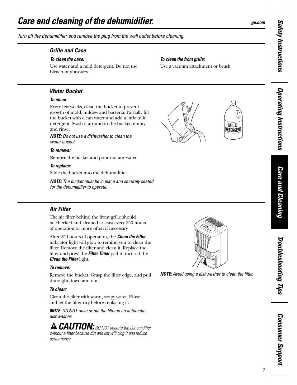 Air filter, Grille and case, Water bucket | Air filter grille and case water bucket, Care and cleaning of the dehumidifier, Caution | GE AHW30 User Manual | Page 7 / 36