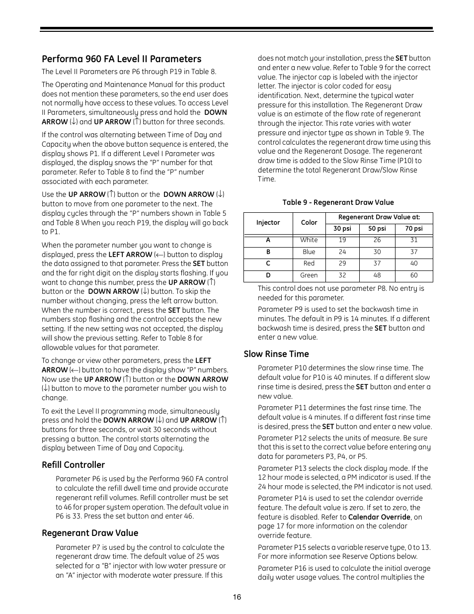 Performa 960 fa level ii parameters | GE Autotrol Performa ProSoft 960 Series User Manual | Page 16 / 32