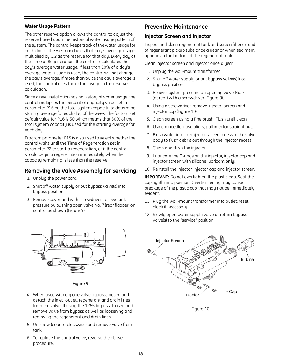 Removing the valve assembly for servicing, 18 preventive maintenance, Preventive maintenance | GE Autotrol Performa ProSoft 960 Series User Manual | Page 18 / 32