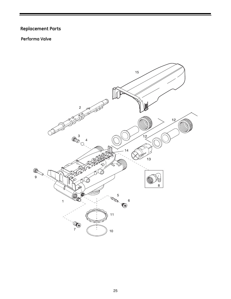 Replacement parts, Performa valve | GE Autotrol Performa ProSoft 960 Series User Manual | Page 25 / 32