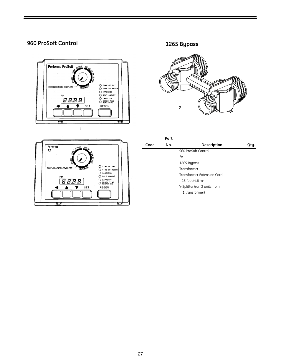 1265 bypass, 960 prosoft control | GE Autotrol Performa ProSoft 960 Series User Manual | Page 27 / 32