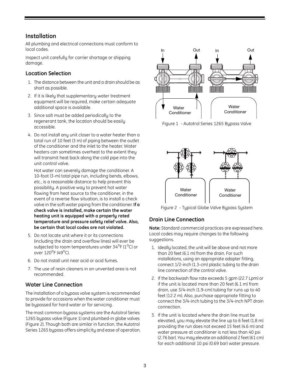 Installation, Location selection, Water line connection | Drain line connection | GE Autotrol Performa ProSoft 960 Series User Manual | Page 3 / 32