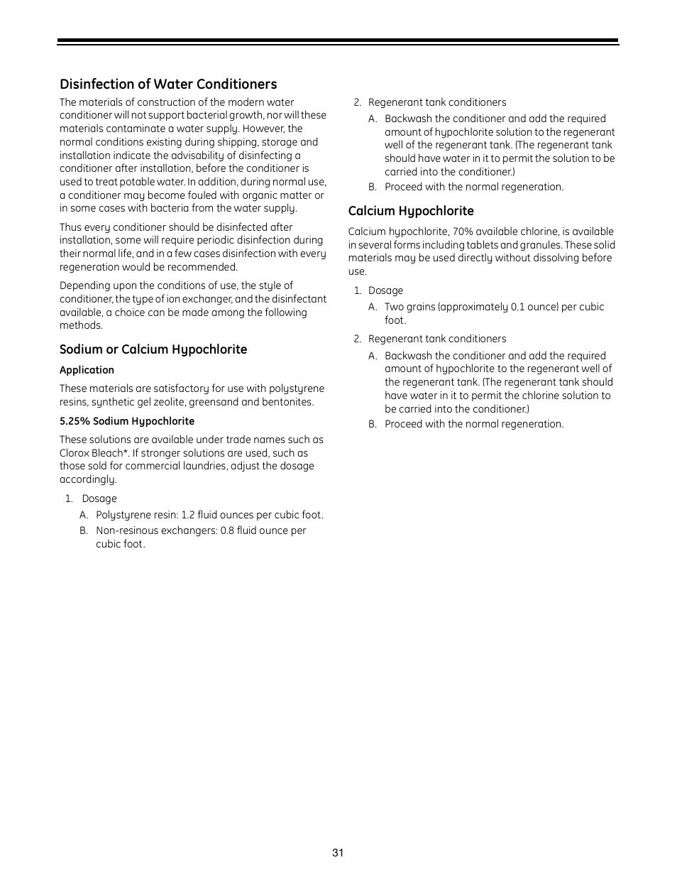 Disinfection of water conditioners | GE Autotrol Performa ProSoft 960 Series User Manual | Page 31 / 32