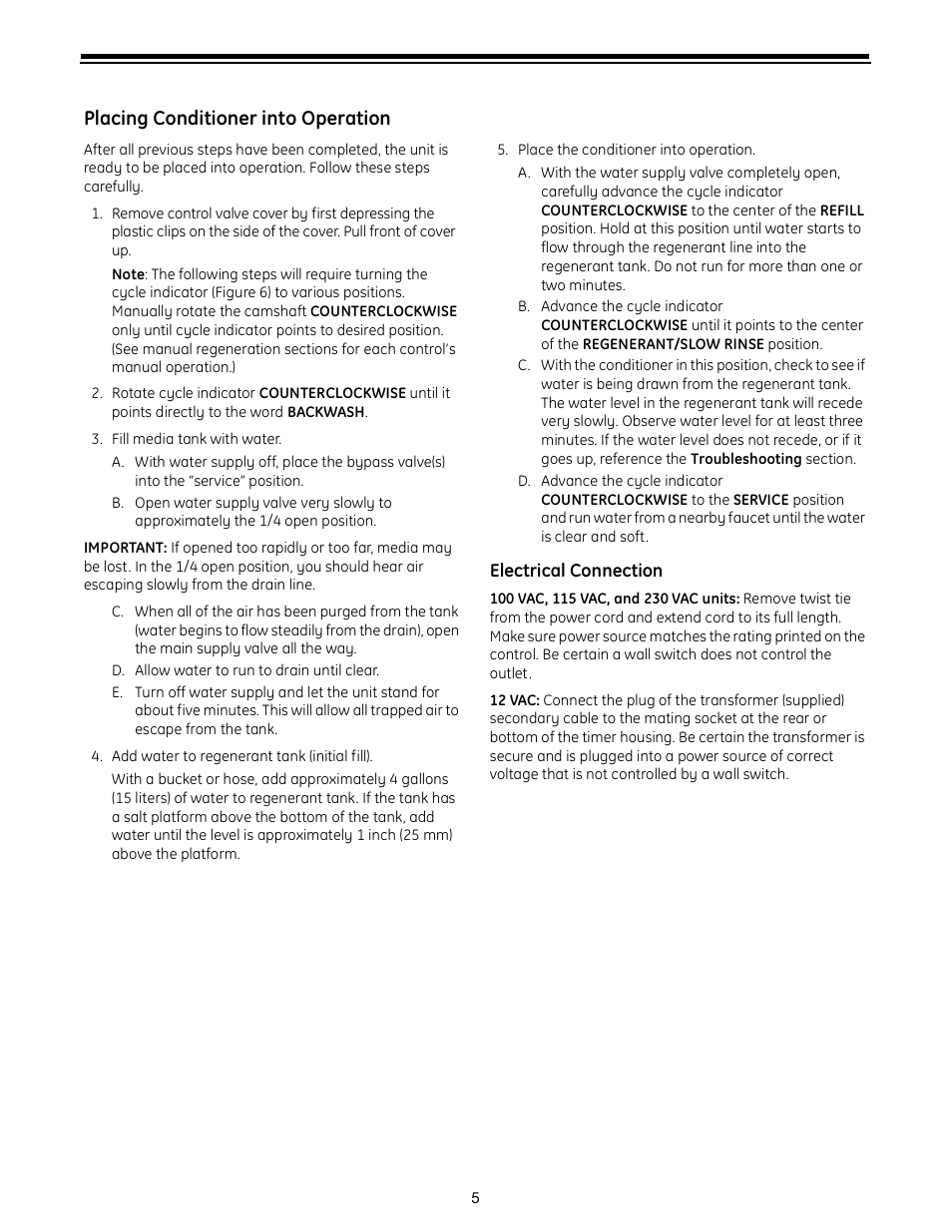 Placing conditioner into operation | GE Autotrol Performa ProSoft 960 Series User Manual | Page 5 / 32