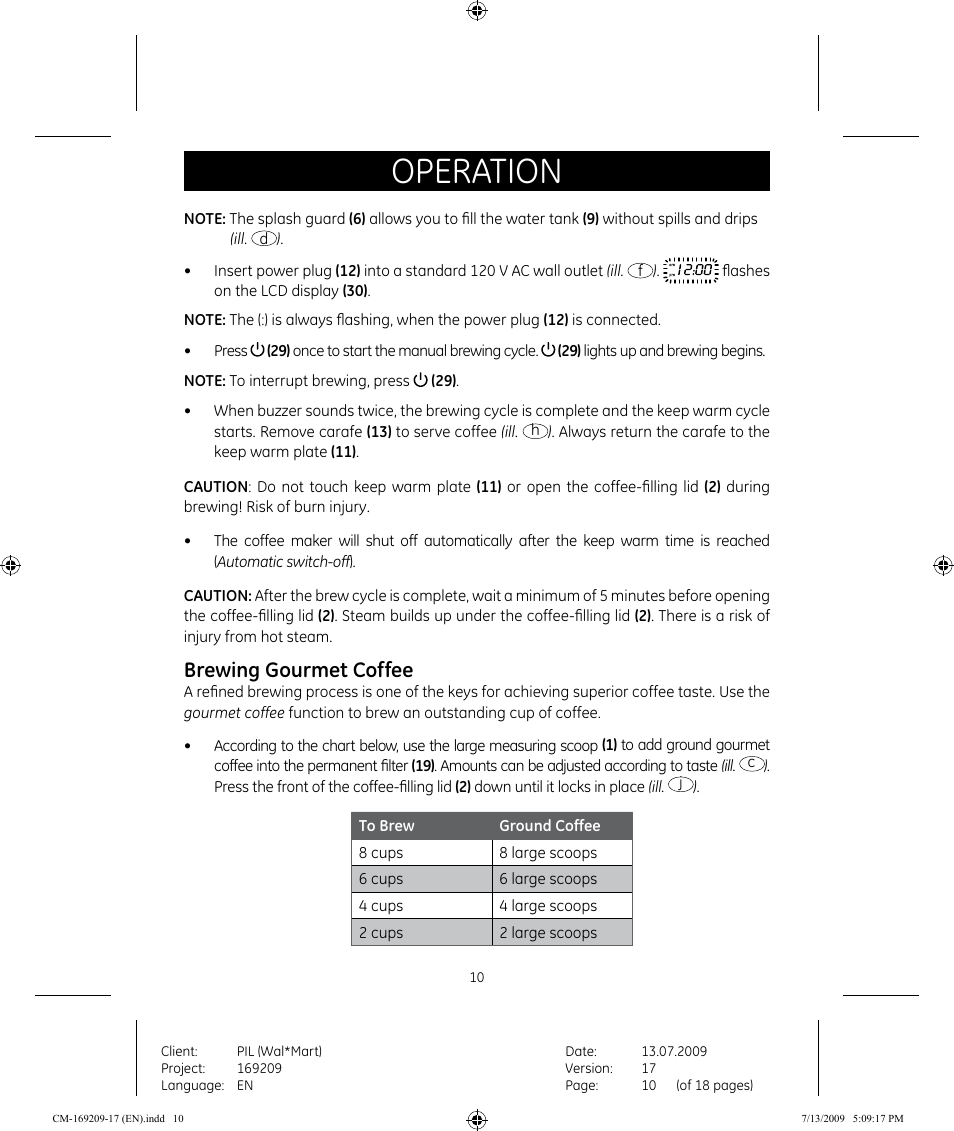 Operation, Brewing gourmet coffee | GE 681131692090 User Manual | Page 10 / 17