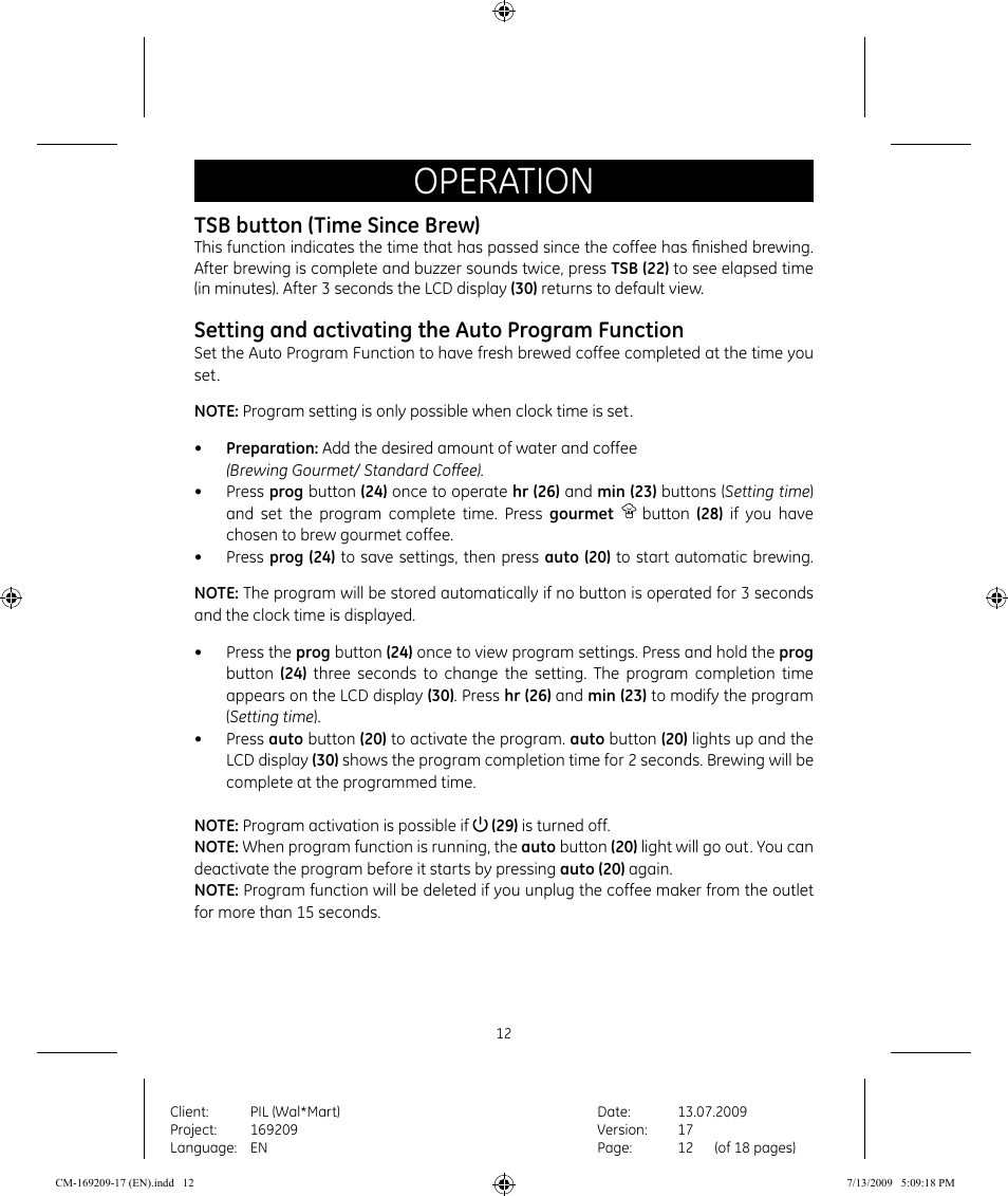 Operation, Tsb button (time since brew), Setting and activating the auto program function | GE 681131692090 User Manual | Page 12 / 17