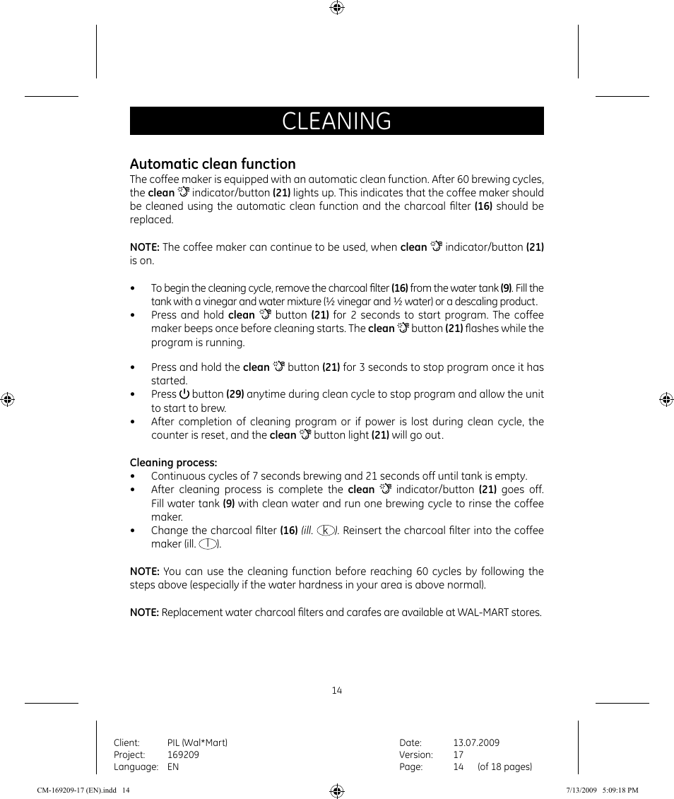 Cleaning, Automatic clean function | GE 681131692090 User Manual | Page 14 / 17